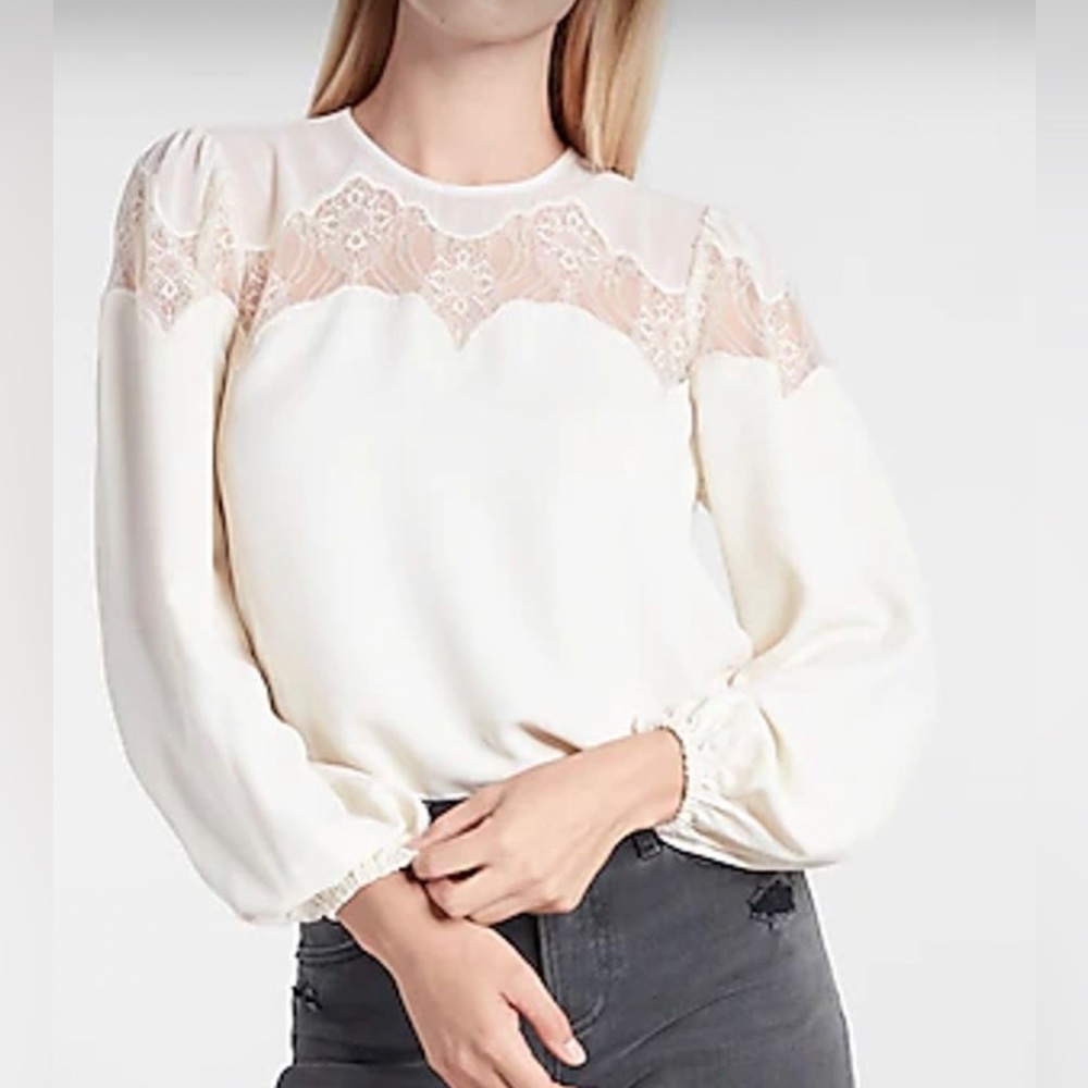 Express Lace Balloon Sleeve Top Ivory M